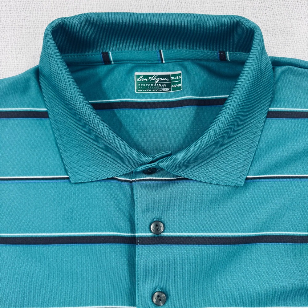 Ben Hogan Performance Golf‎ Polo Shirt Mens XL Teal Blue Striped Short Sleeve